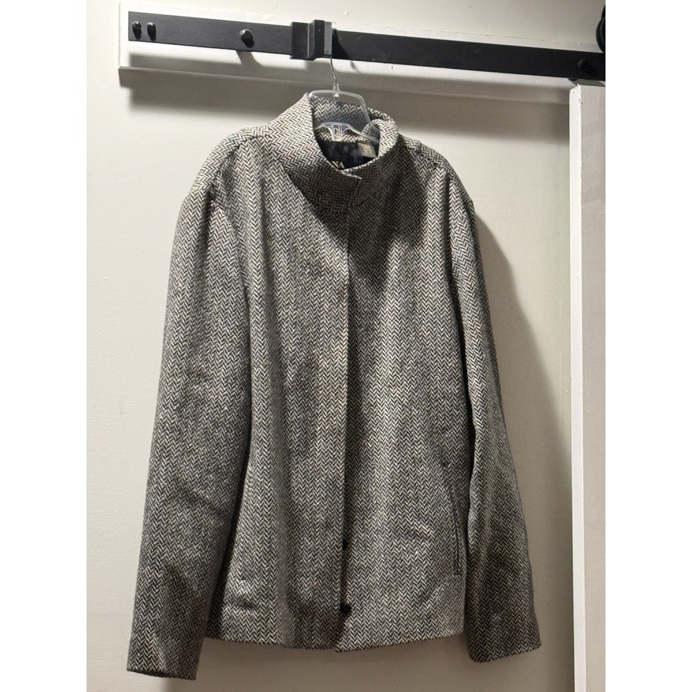 Dana Buchman Women Jacket 12 Wool Snap button High Neck Herringbone Black White